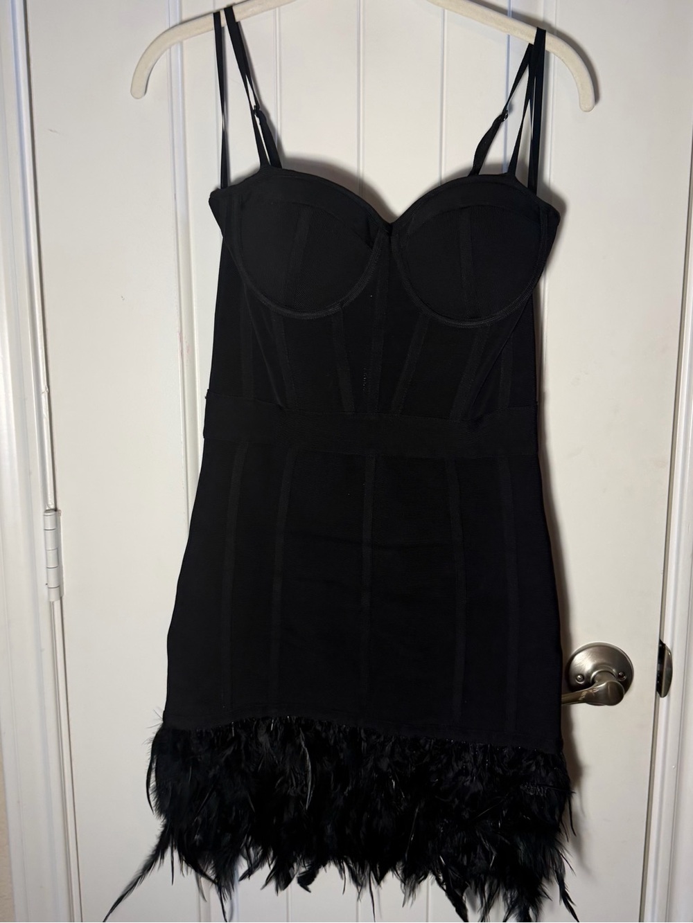 Bebe Black Feather Hem Corset Bandage Bodycon Mini Dress S